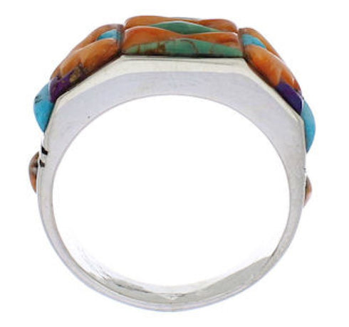 Multicolor Inlay Southwestern Silver Ring Size 7-3/4 CX50766